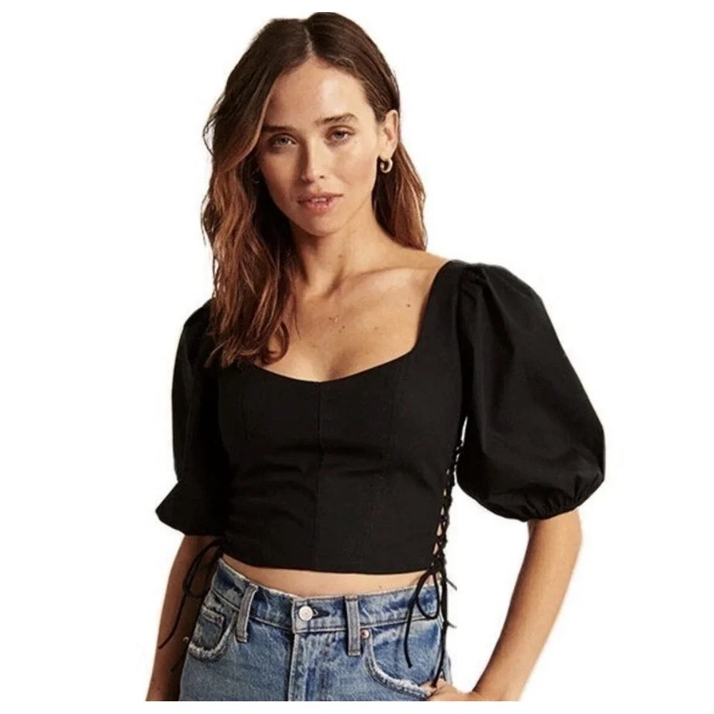 Abercrombie & Fitch Women's White Smocked Milkmaid Side Tie Puff Sleeve Top