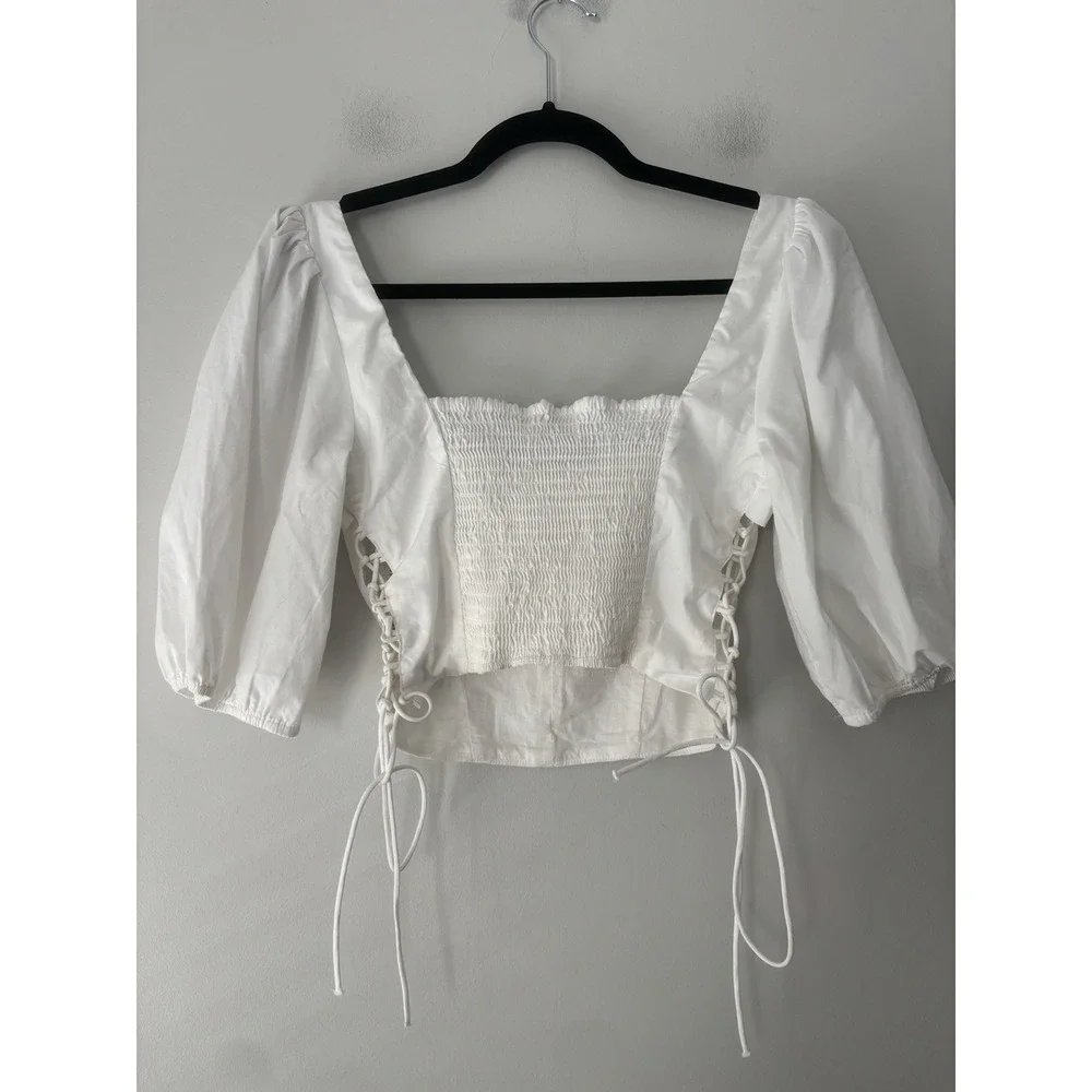 Abercrombie & Fitch Women's White Smocked Milkmaid Side Tie Puff Sleeve Top