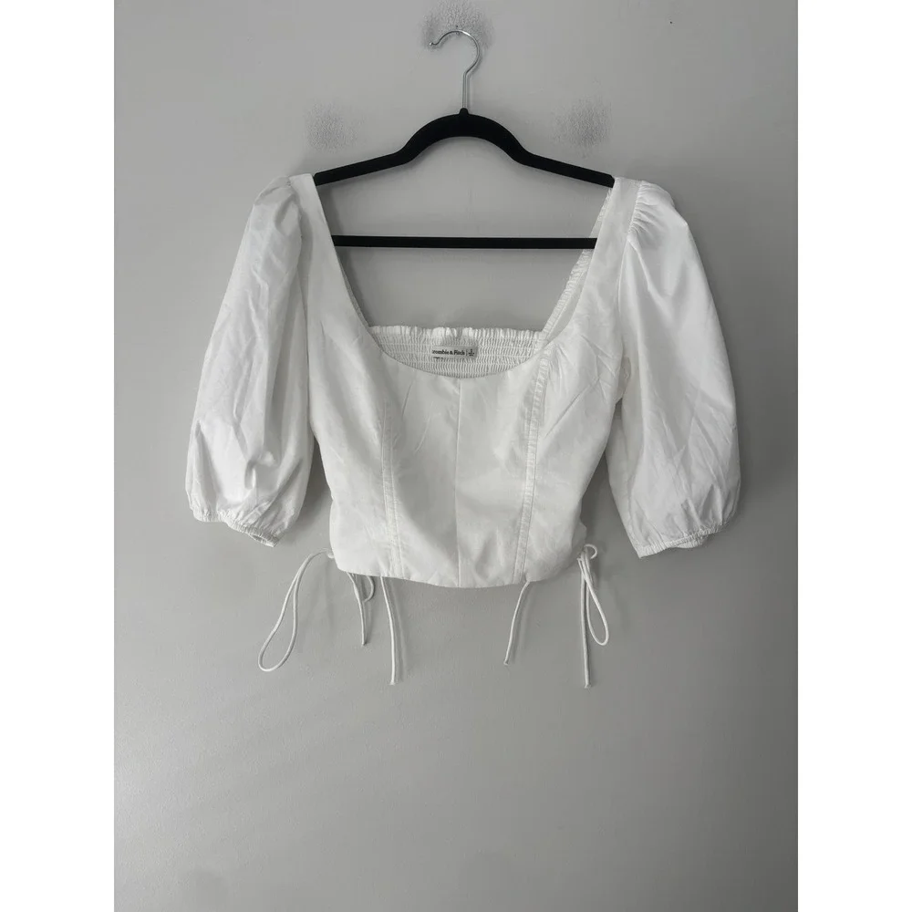 Abercrombie & Fitch Women's White Smocked Milkmaid Side Tie Puff Sleeve Top