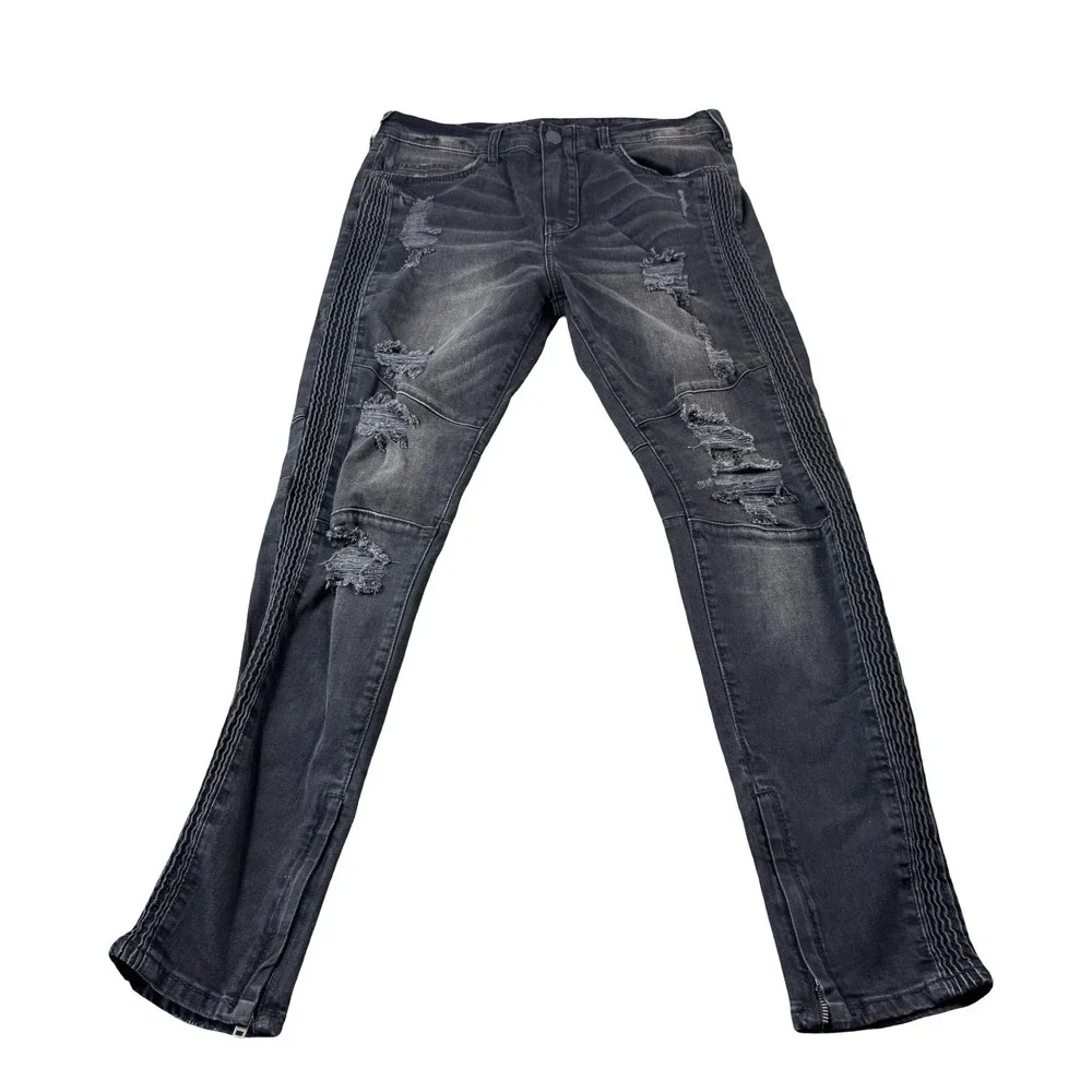 True Religion Mick Slouchy Skinny Distressed Moto Mens Stretch Jeans Black 34X31