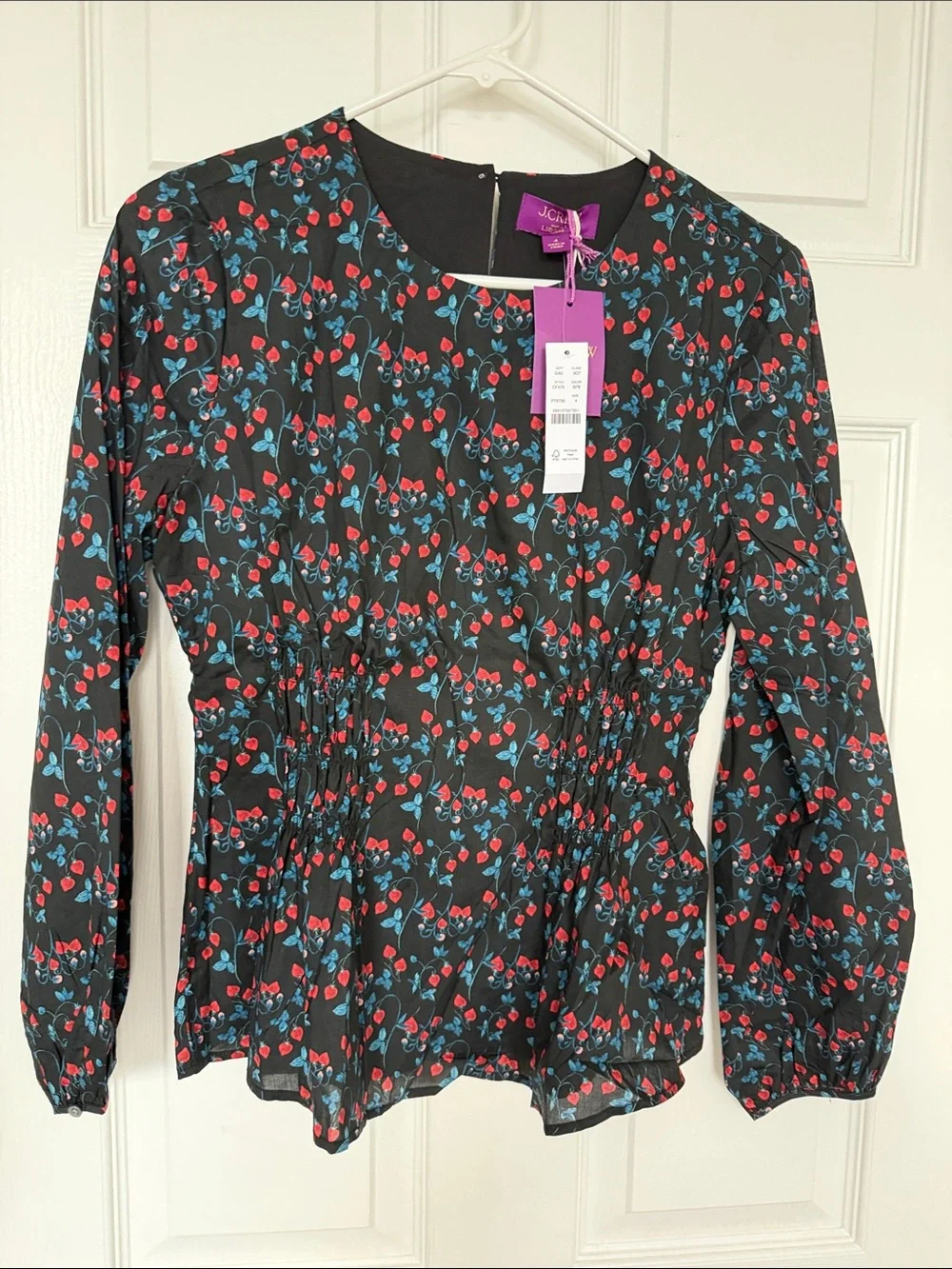 J. Crew Black Floral Smocked-Waist Long Sleeve Blouse with Liberty Print