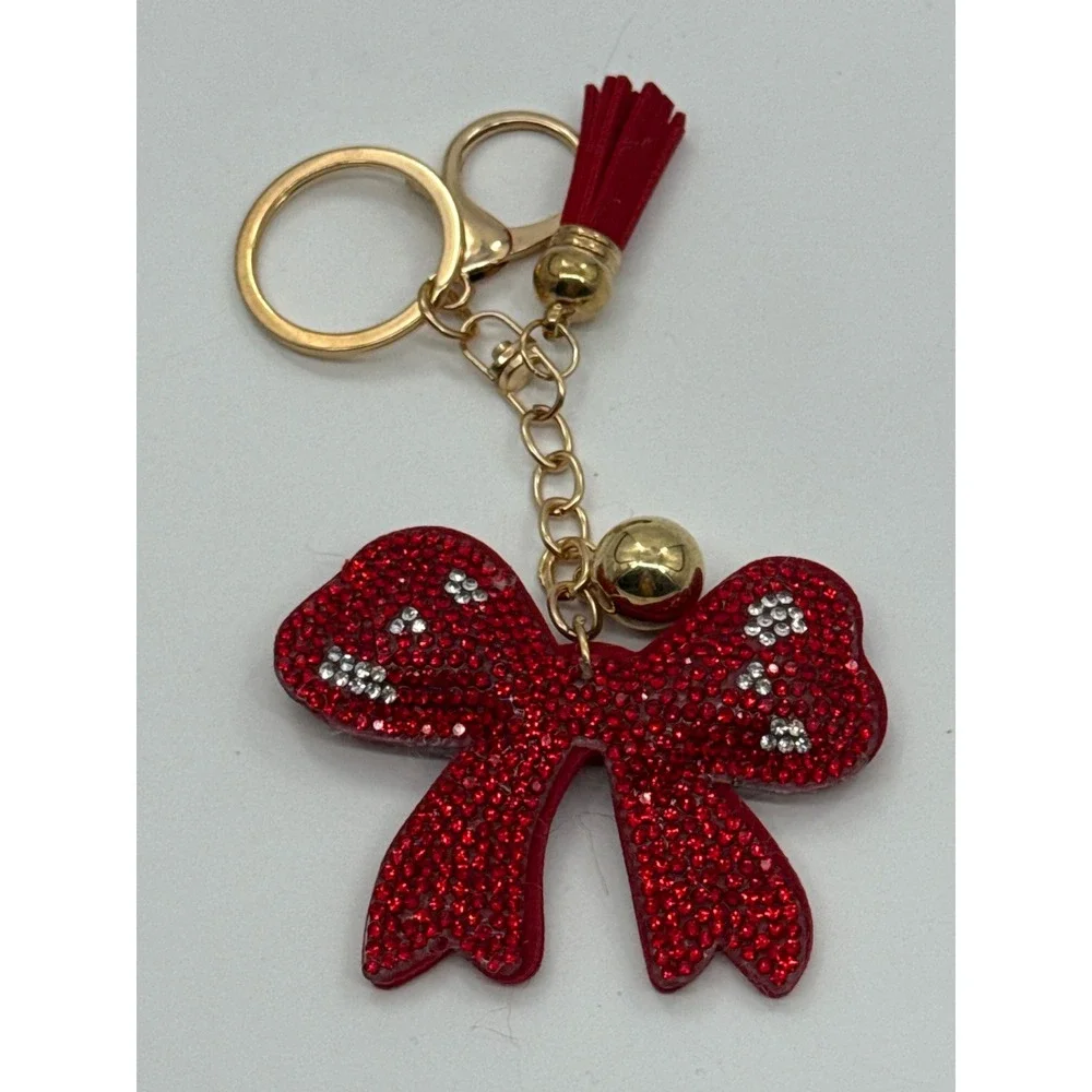 Red Rhinestone Bow Keychain with Tassel and Bell Gold Tone Bag Charm Accessory