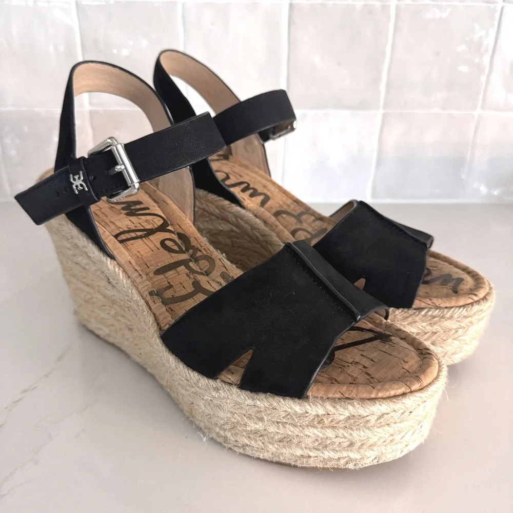 Sam Edelman Maura Espadrille Wedge Sandals Women 9 Black Leather Platform Strap