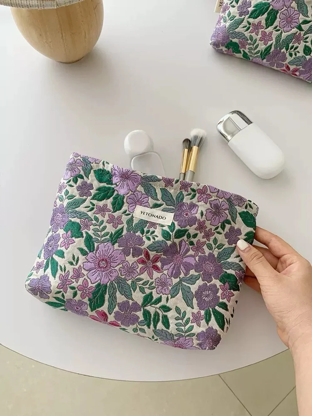 Yetonado Lavender Floral Cosmetic Pouch - Purple & Green