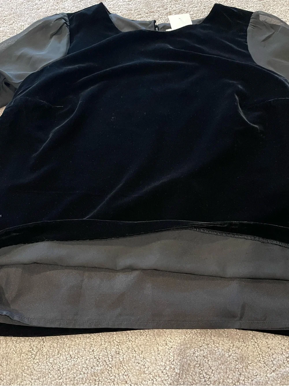 NWT J. Crew Black Velvet Top with Sheer Long Puff Sleeves, Crew Neck, Size XS