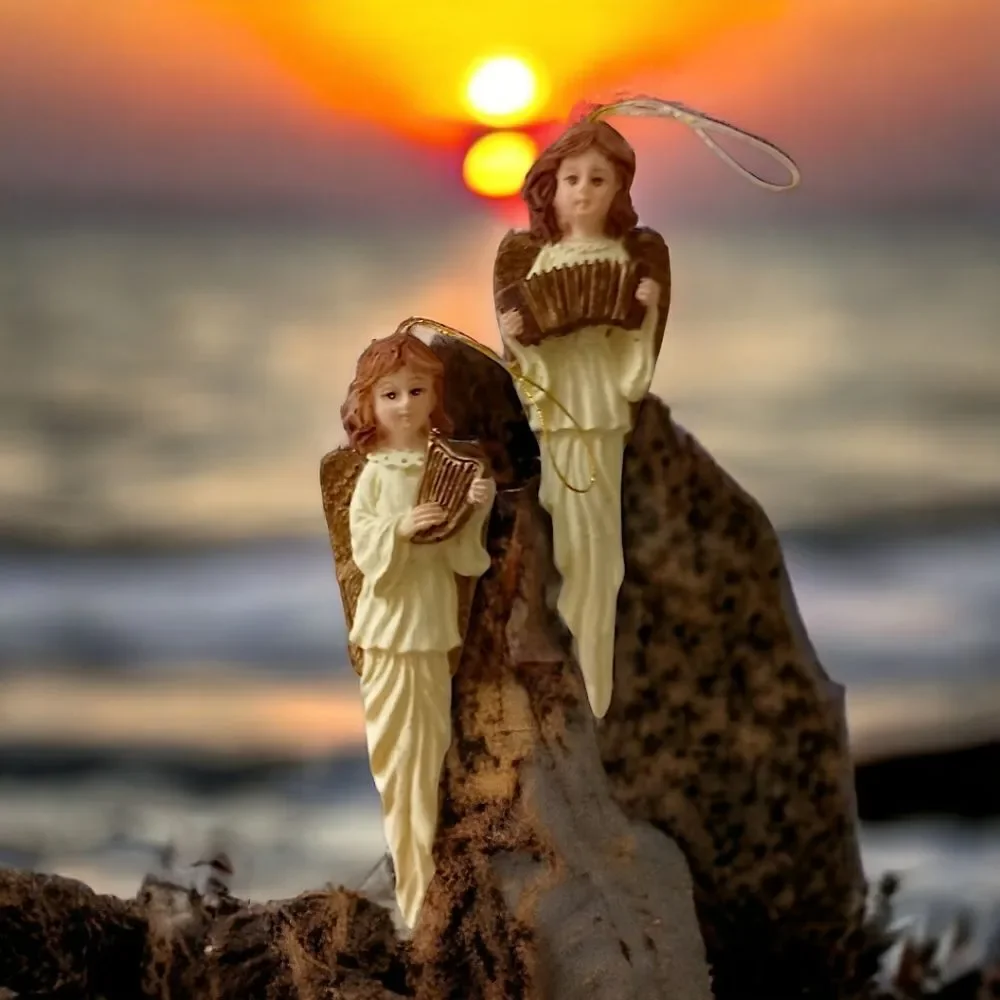 2 Angel Icicle Ornament Christmas Vintage 90s Resin Teardrop Holiday Ivory Gold.