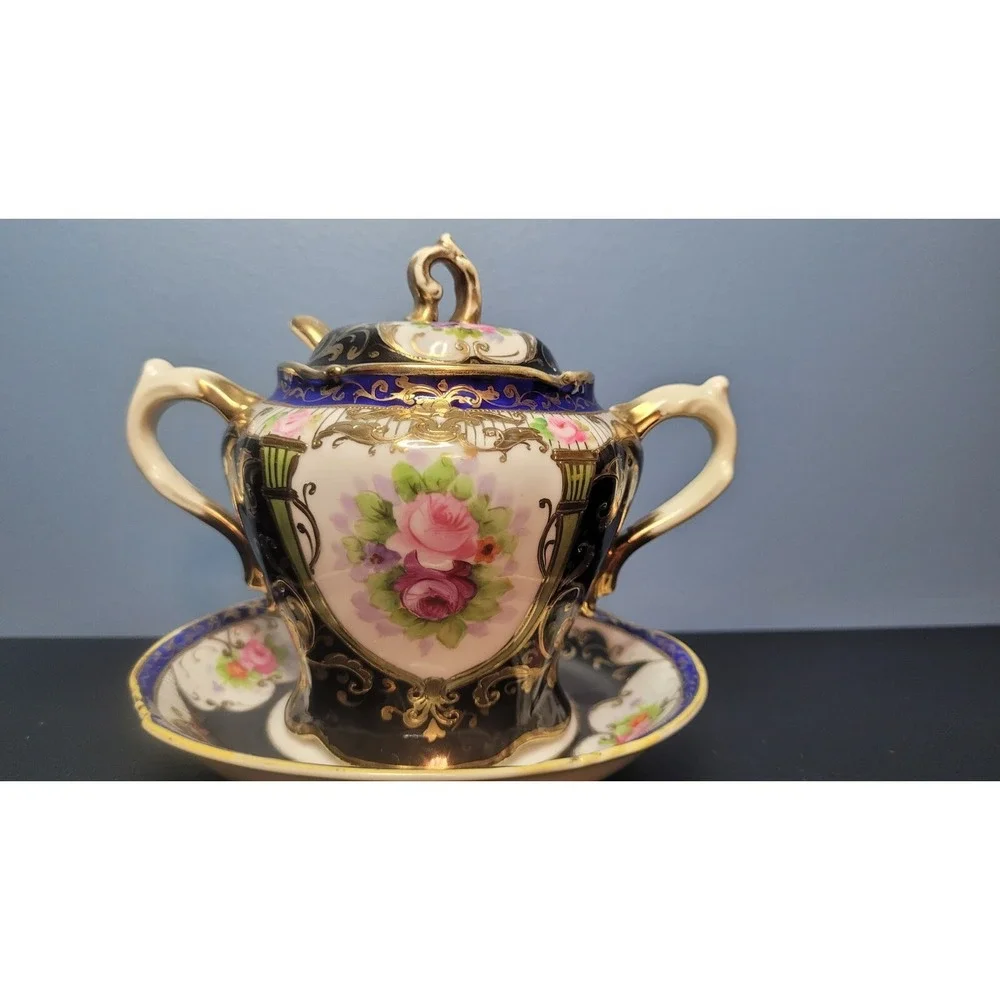 Antique Nippon Condiment Bowl Attached Underplate Hand Painted & Gilded No Spoon