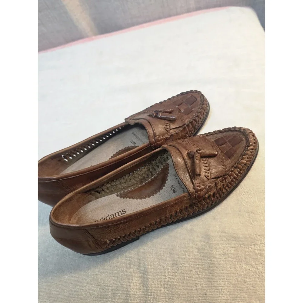 Vintage 80s 90s Stacy Adams Mens 10M Woven Leather Loafers Tan Brazil Deadstock