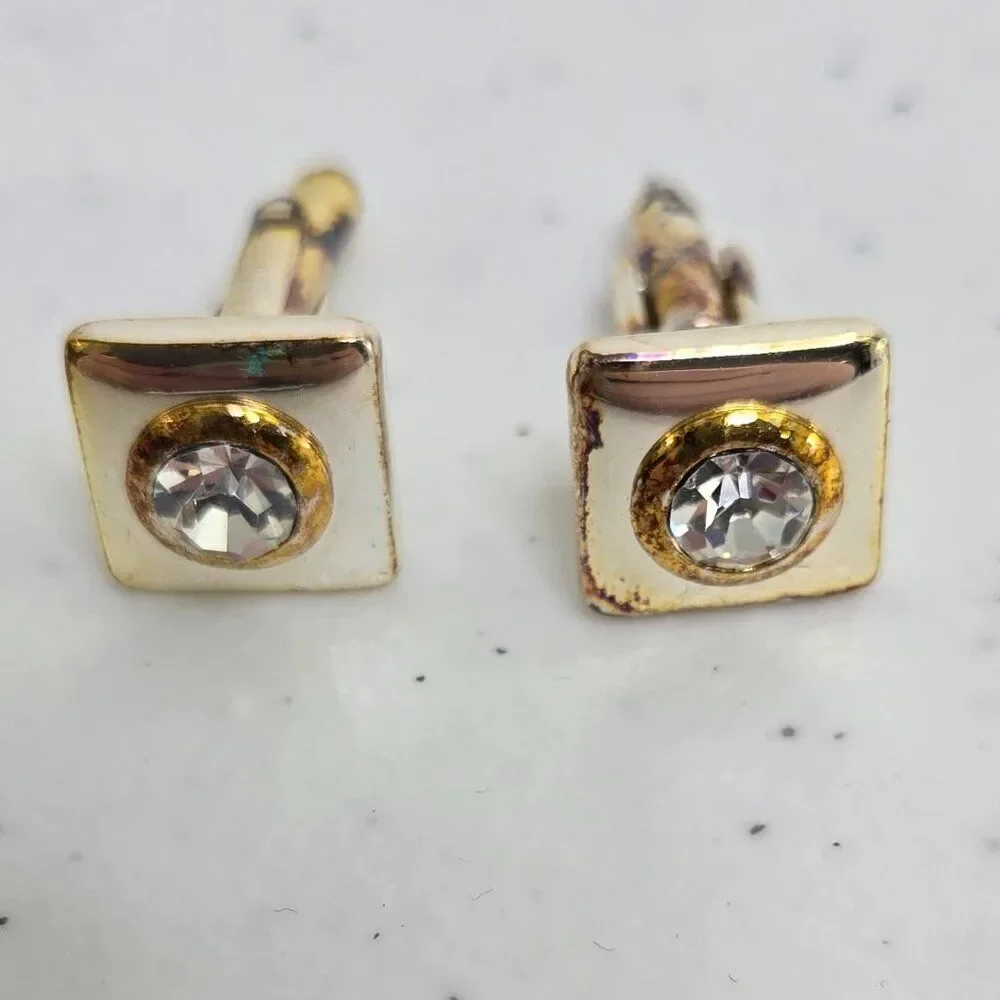 Cufflinks Gold Tone Vintage MCM Clear Rhinestone Basic Square Silver Tone