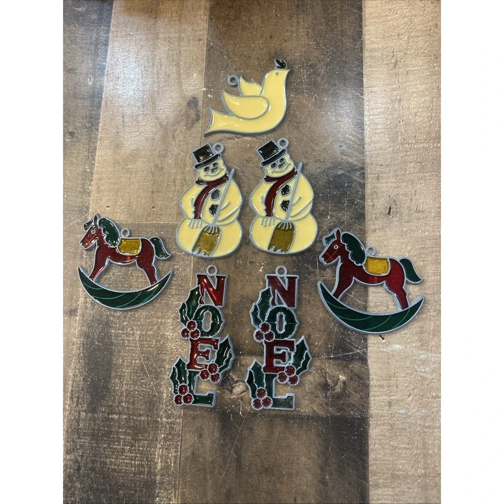 Vtg Faux Stained Glass Christmas Ornament Lot 7 Rocking Horse Snowman Noel Dove‎