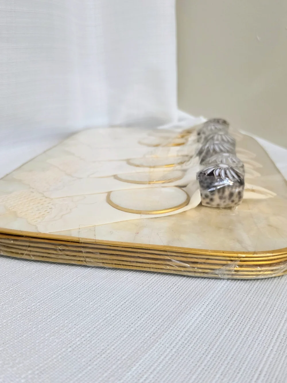 Vtg Capiz Shell Placemats Coasters Carved Shell Napkin Rings Oval  Beach READ