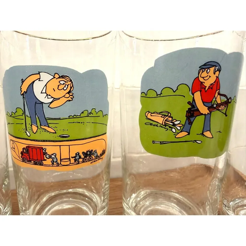 Vintage Ashby Cartoon Golf Tumbler Drinking Glasses Set‎ of 6