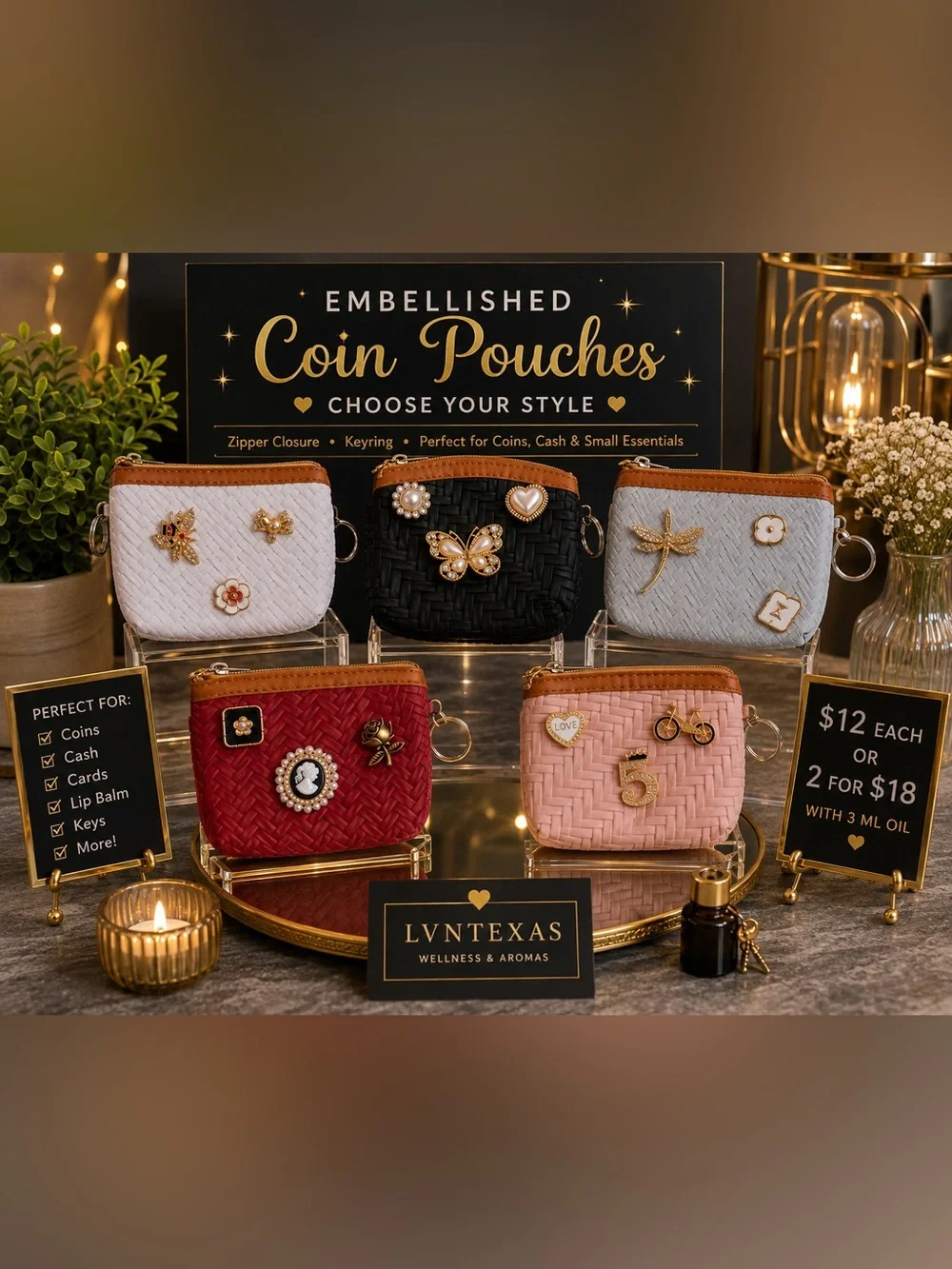 NWOT Embellished Woven faux leather Coin Pouch Keychain – Choose ONE