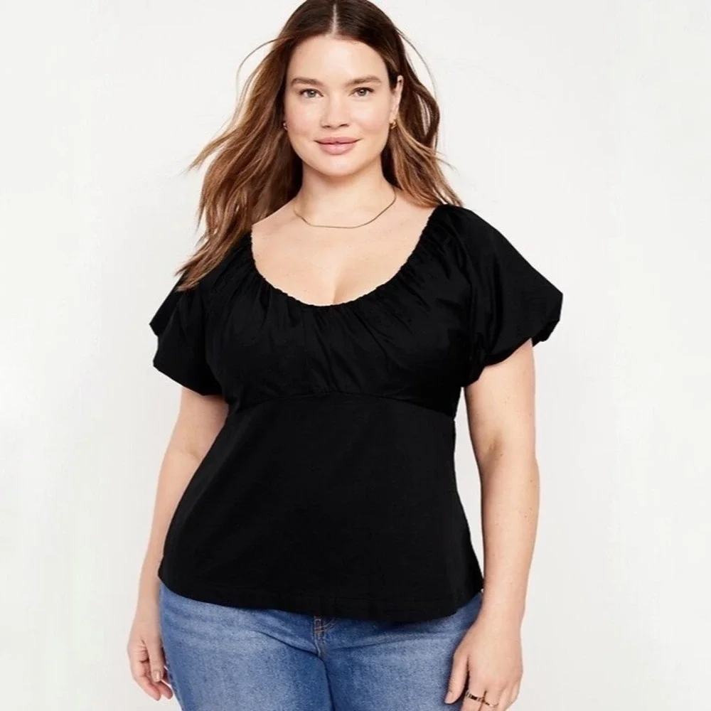 Old Navy Waist-Defined V-Neck Puff Sleeve Smocked Back Cotton Top Black Size XXL