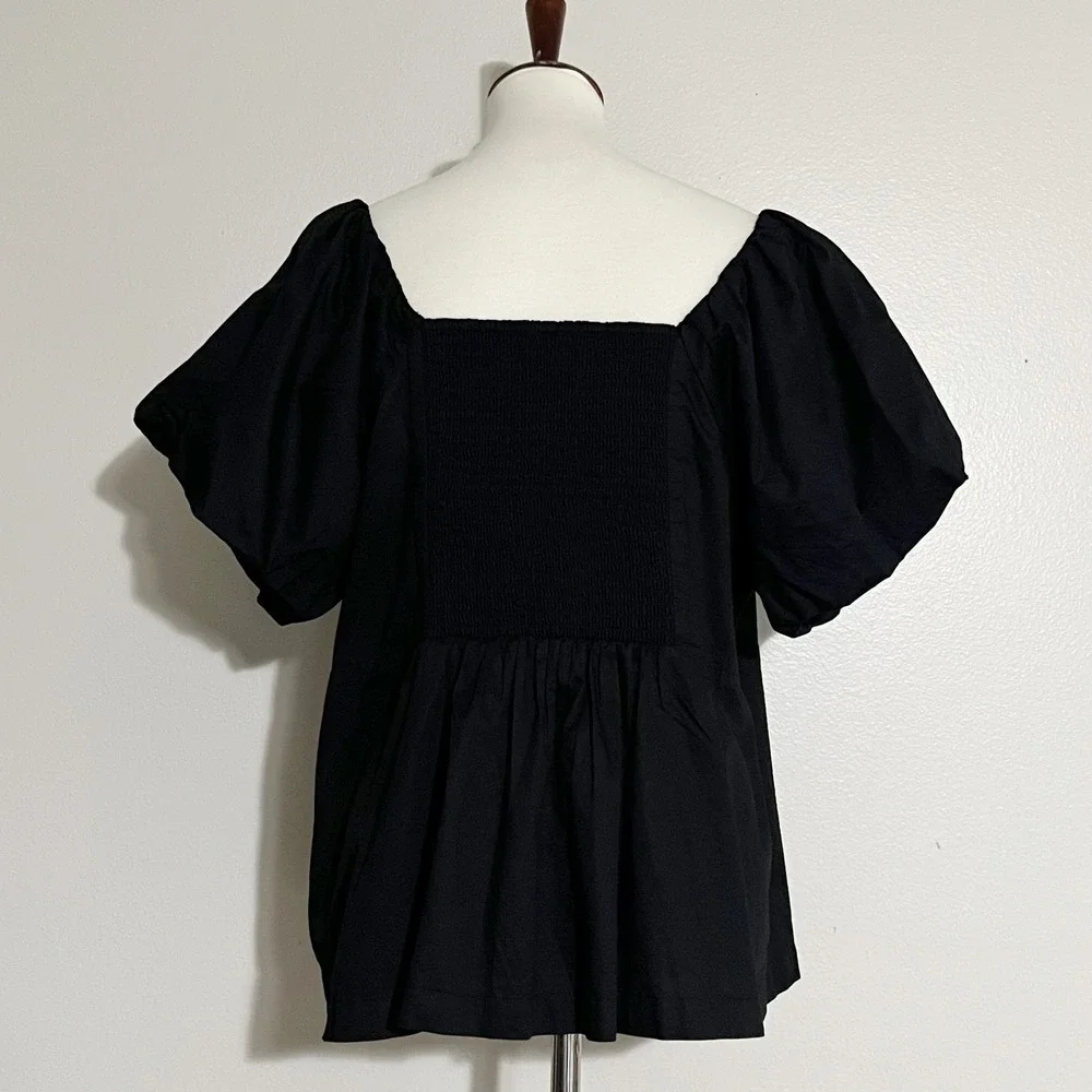Old Navy Waist-Defined V-Neck Puff Sleeve Smocked Back Cotton Top Black Size XXL