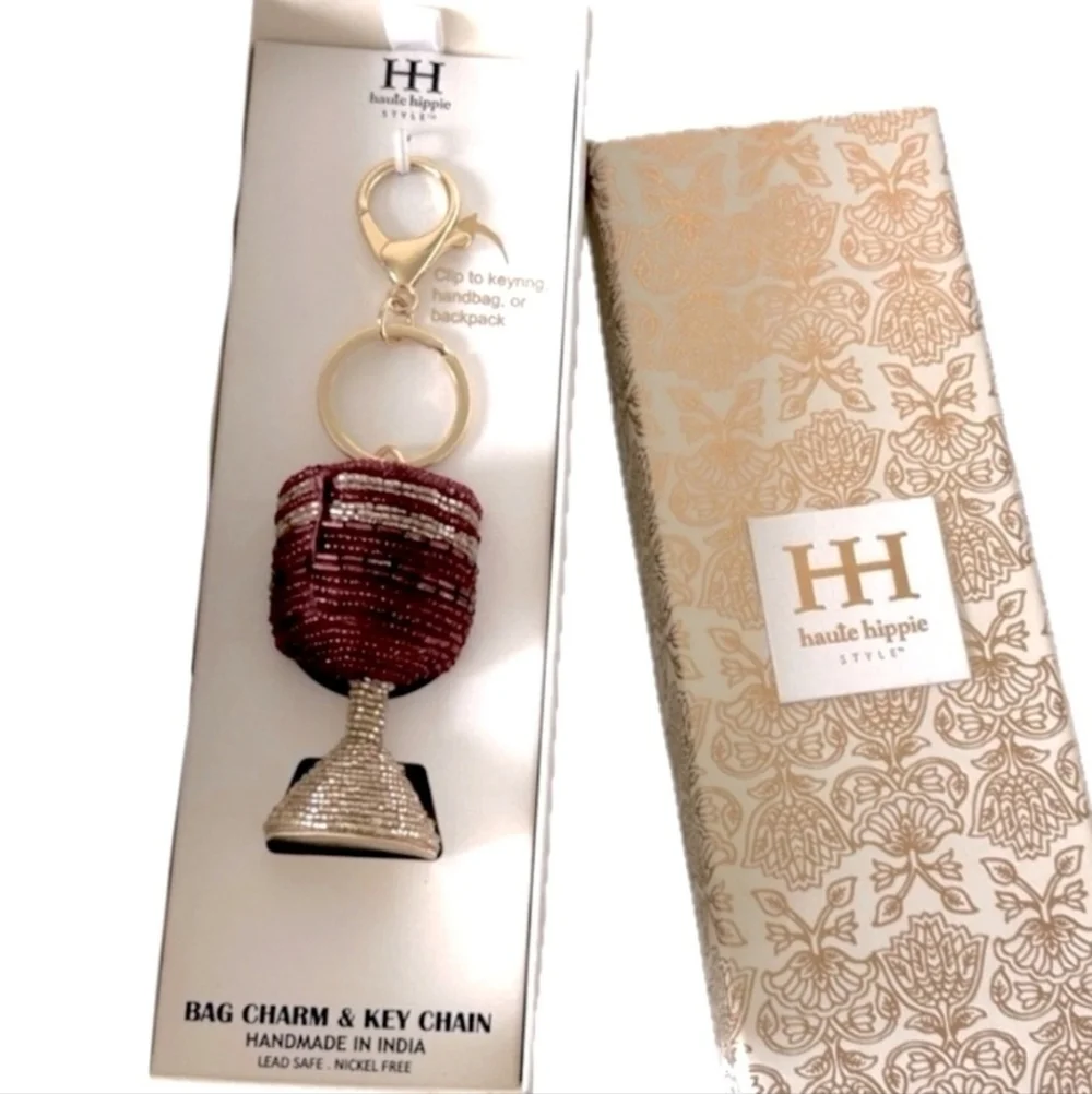 💛▪️Haute Hippie▪️ Red and Gold Beaded Wine Cup Key Chain Bag Charm