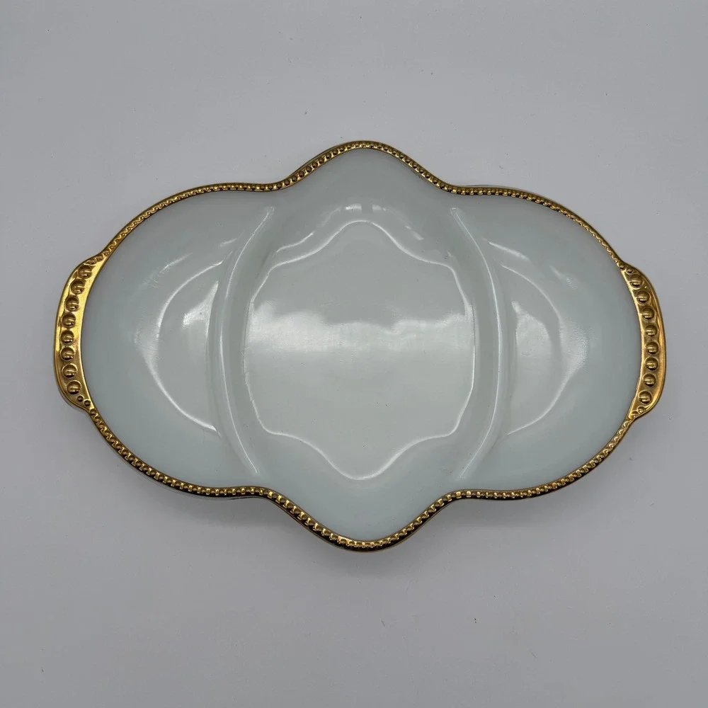 Anchor Hocking Fire King Relish Dish White Gold 22k Trim Milk Glass