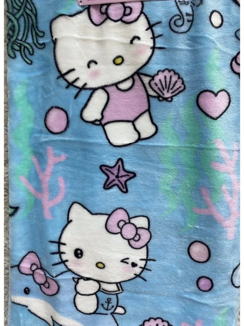Hello Kitty Mermaid Dolphin Jellyfish Soft Throw Blanket Blue Pink 50” X 70” NEW