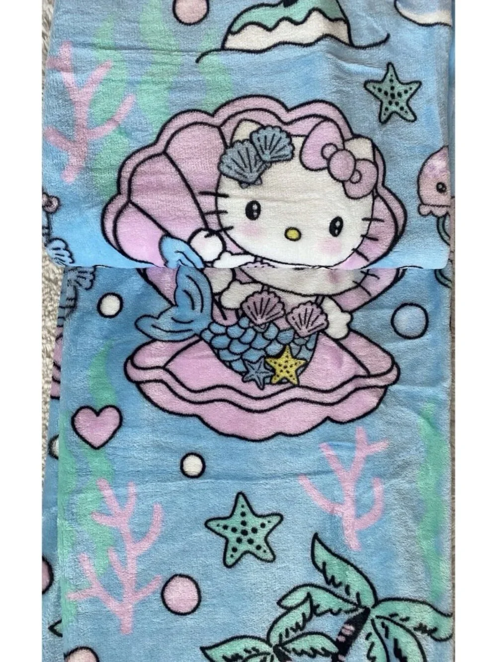 Hello Kitty Mermaid Dolphin Jellyfish Soft Throw Blanket Blue Pink 50” X 70” NEW