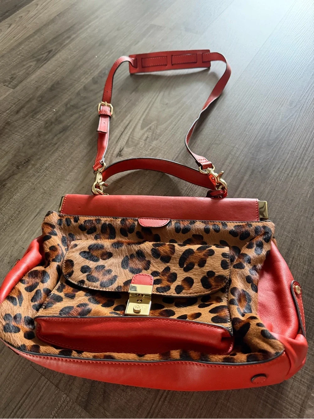 Tory Burch Red Leather Shoulder Bag with Leopard Print Panel