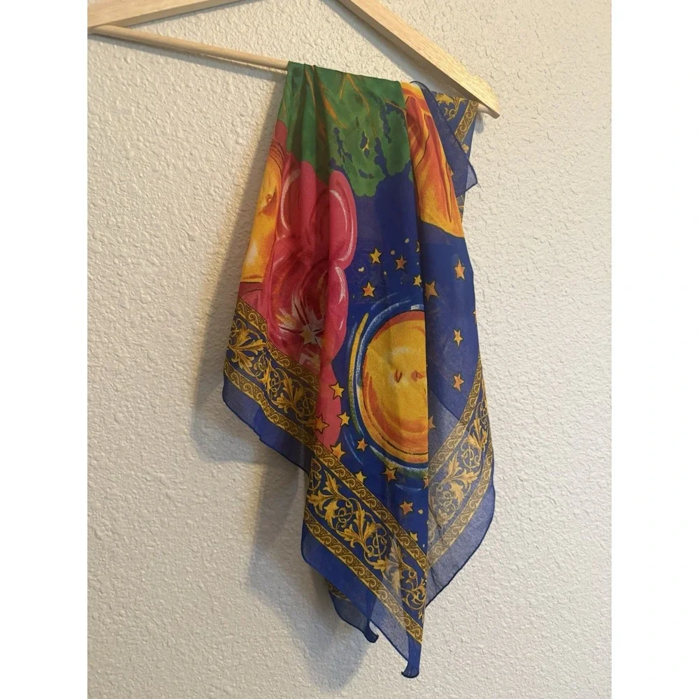 Vintage Celestial Silk Scarf Royal Blue Gold Sun Face Astrology Square Shawl