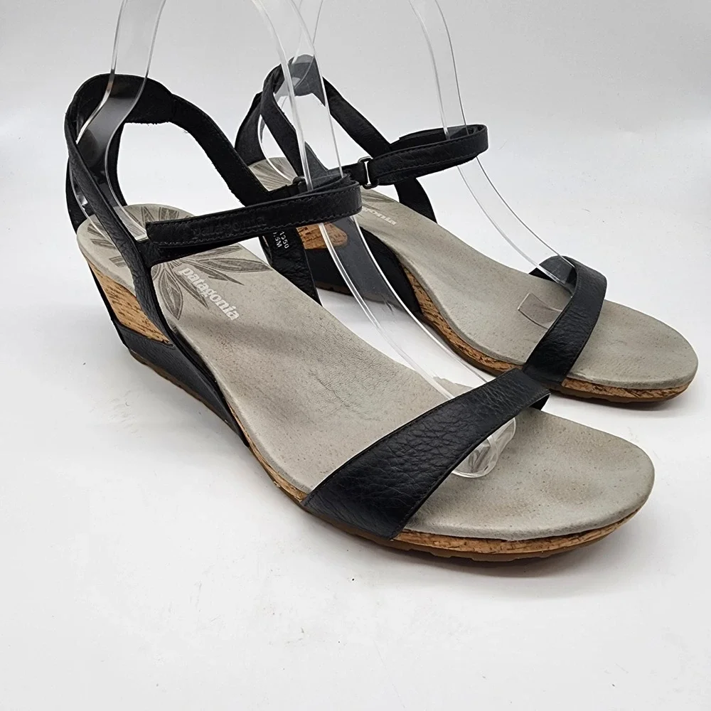 Patagonia Maha Wedge Sandals Women's 9.5 Black Leather Cork Ankle Strap