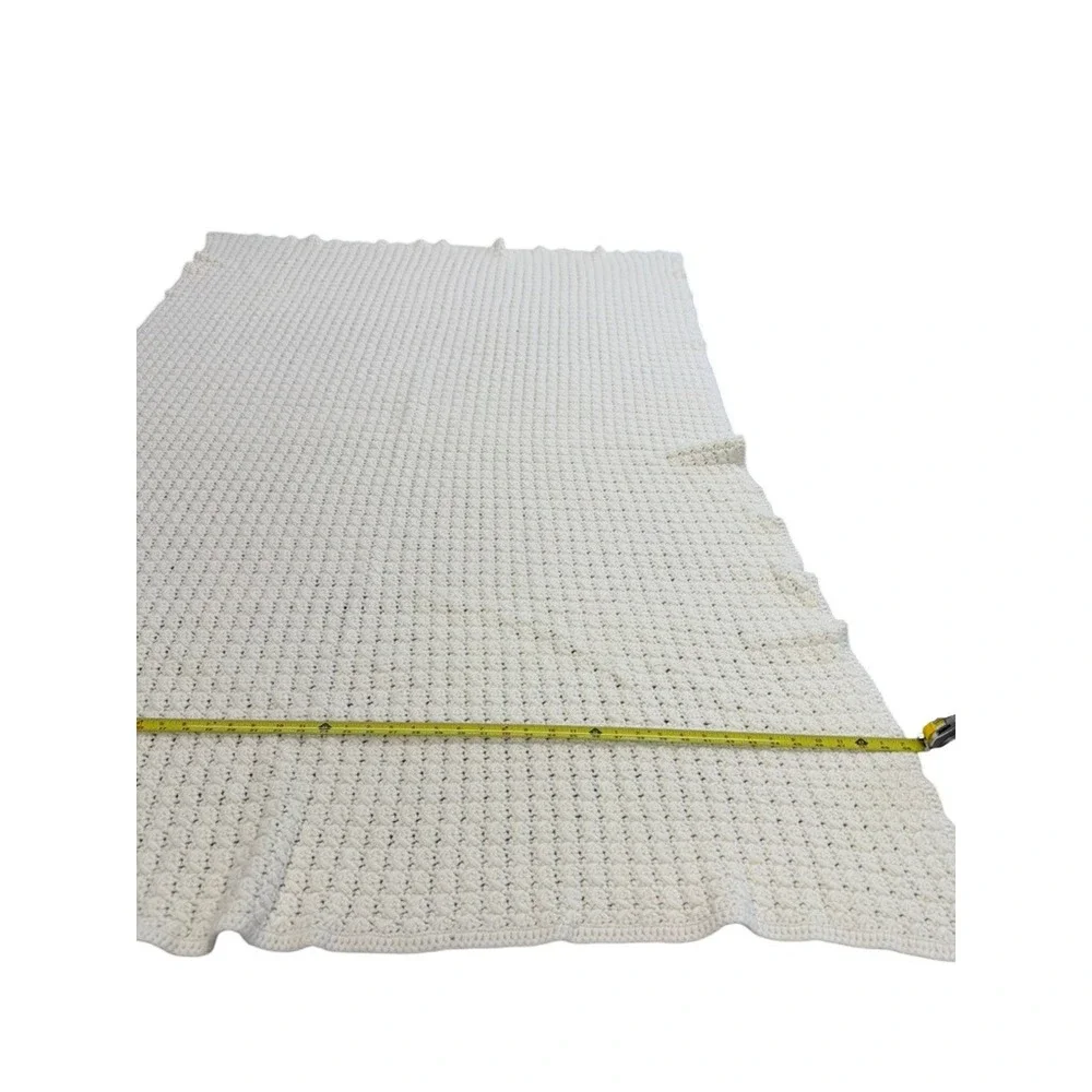 VTG! Handmade‎ Crochet Throw Blanket Cream White Textured Knit Farmhouse 73x46