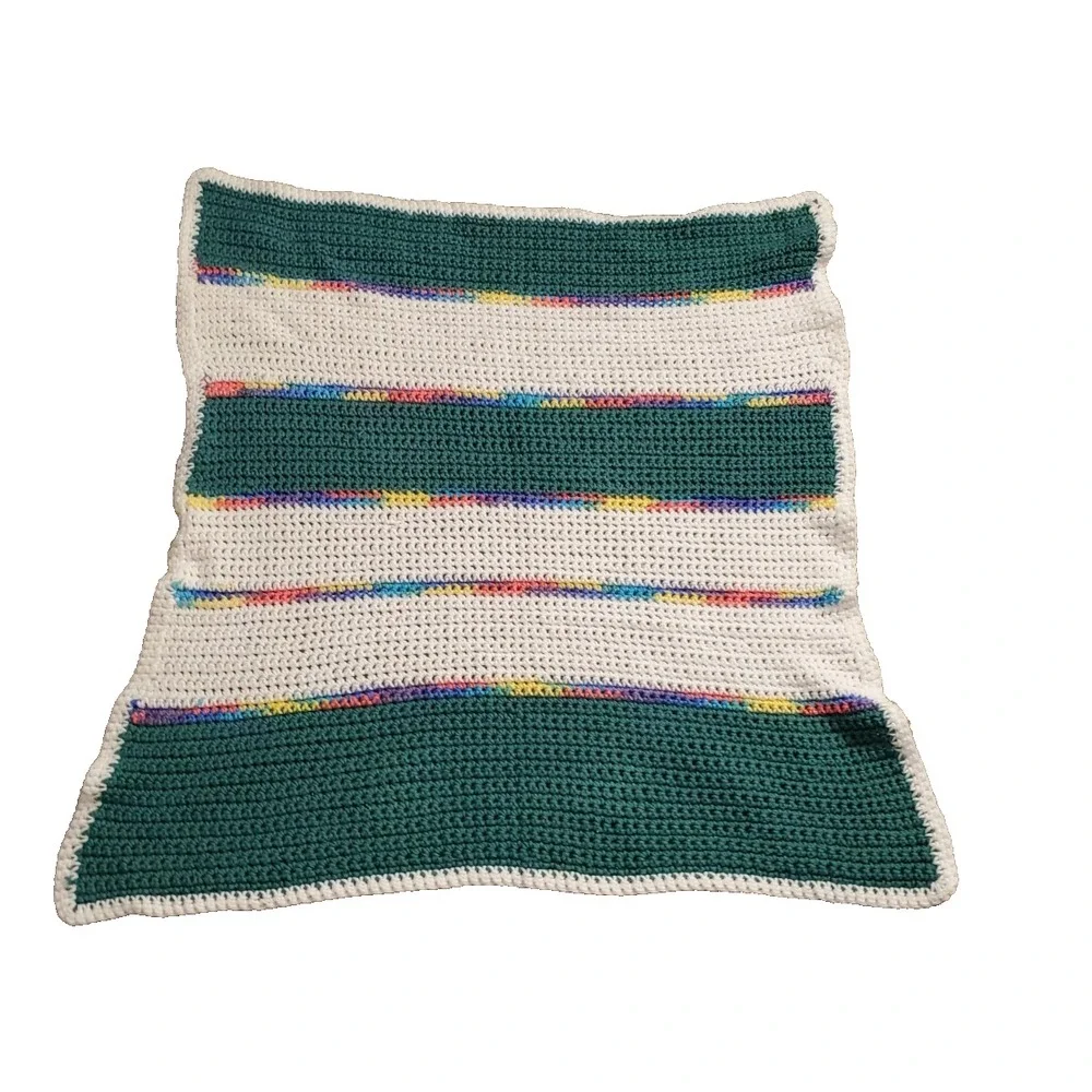 Hand Crocheted Knit Baby Blanket ~Green/ White 31