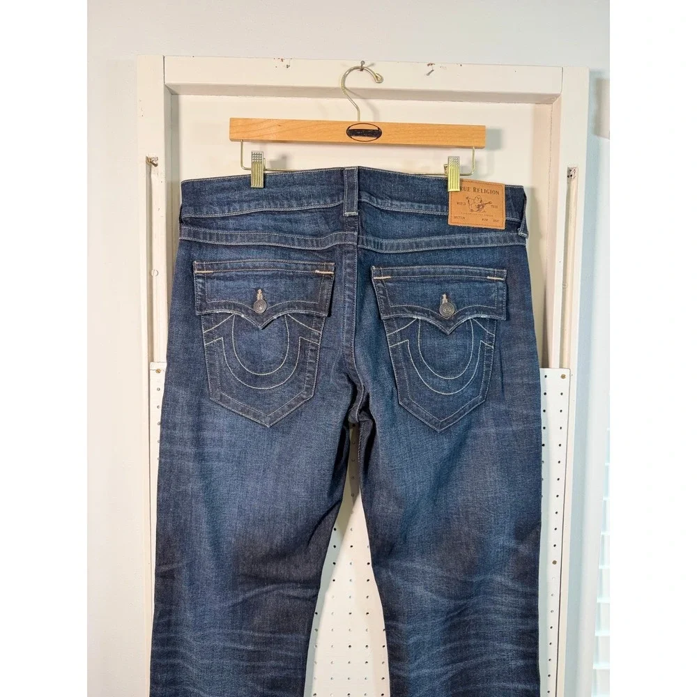 True Religion Ricky Relaxed Straight Jeans Mens Blue Denim Stretch Mid Rise - 36