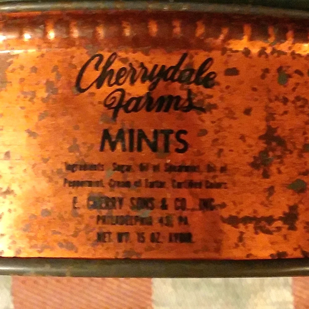 Vintage Copper Tin Storage Cherrydale Farms Mints Box Floral Top Gold, Green