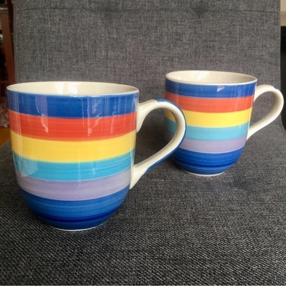 Set/2 Rainbow Striped Ceramic Coffee Mugs, 14 oz