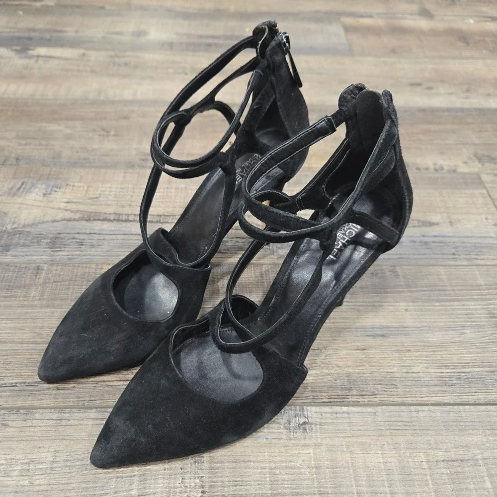 Michael Kors Black Suede Strappy Pointed Toe Pumps Stiletto Heels Size 8 Classic