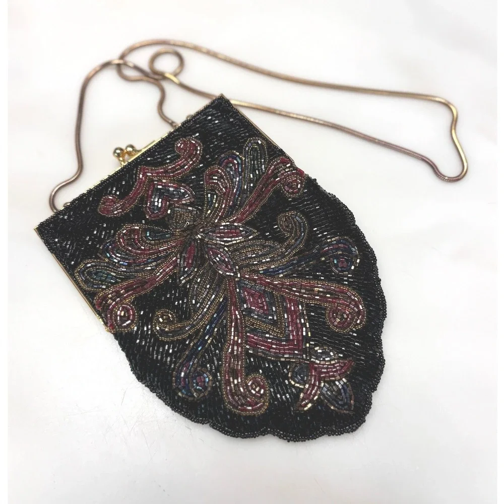 Andre Cellini Vintage Beaded Evening Bag Black Art Deco Gold Kiss‎ Lock Clutch