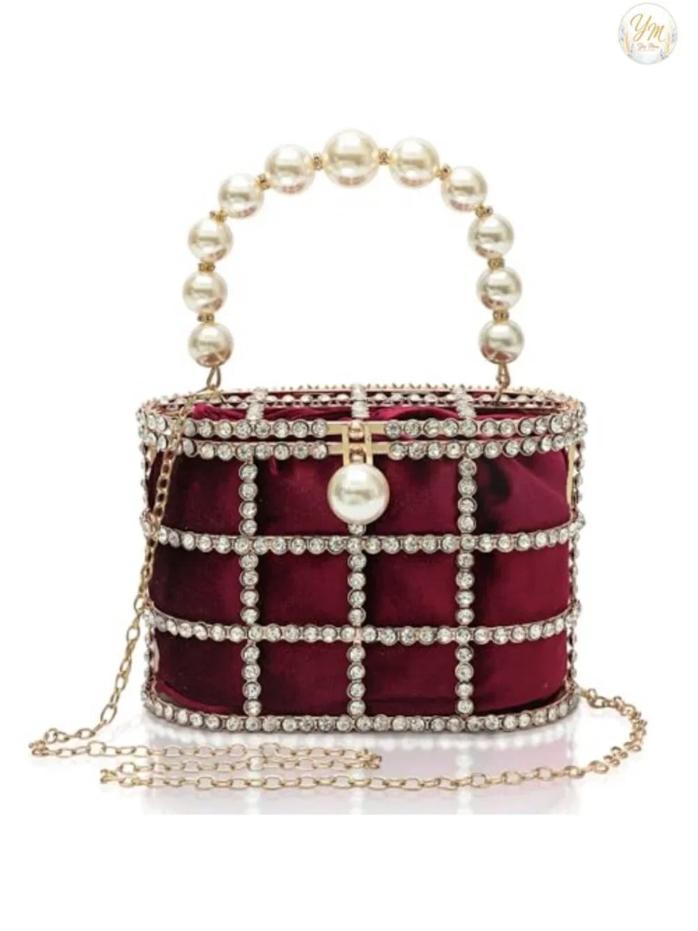 Sparkly Rhinestone Clutch Evening Bag Pearl Handle Wedding Bridal