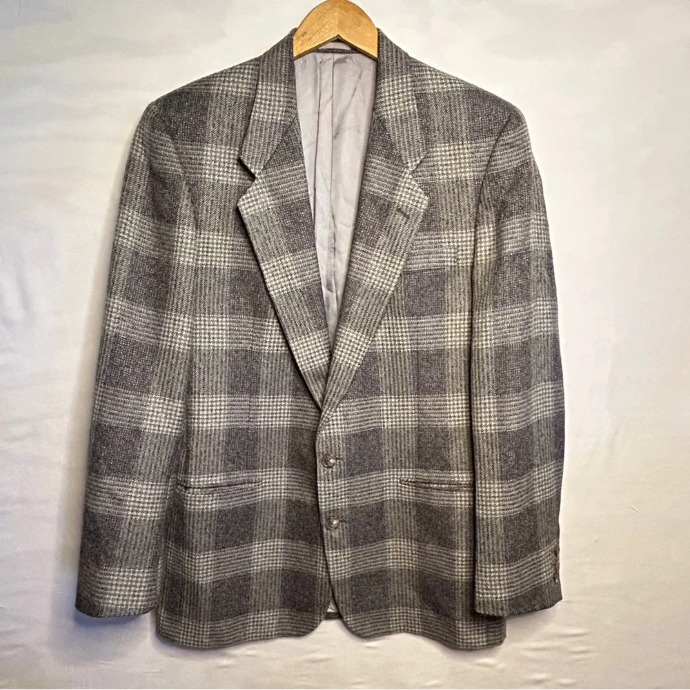 Vintage Neiman Marcus Gray Plaid Windowpane Blazer Sport Coat 43R Wool Tweed‎