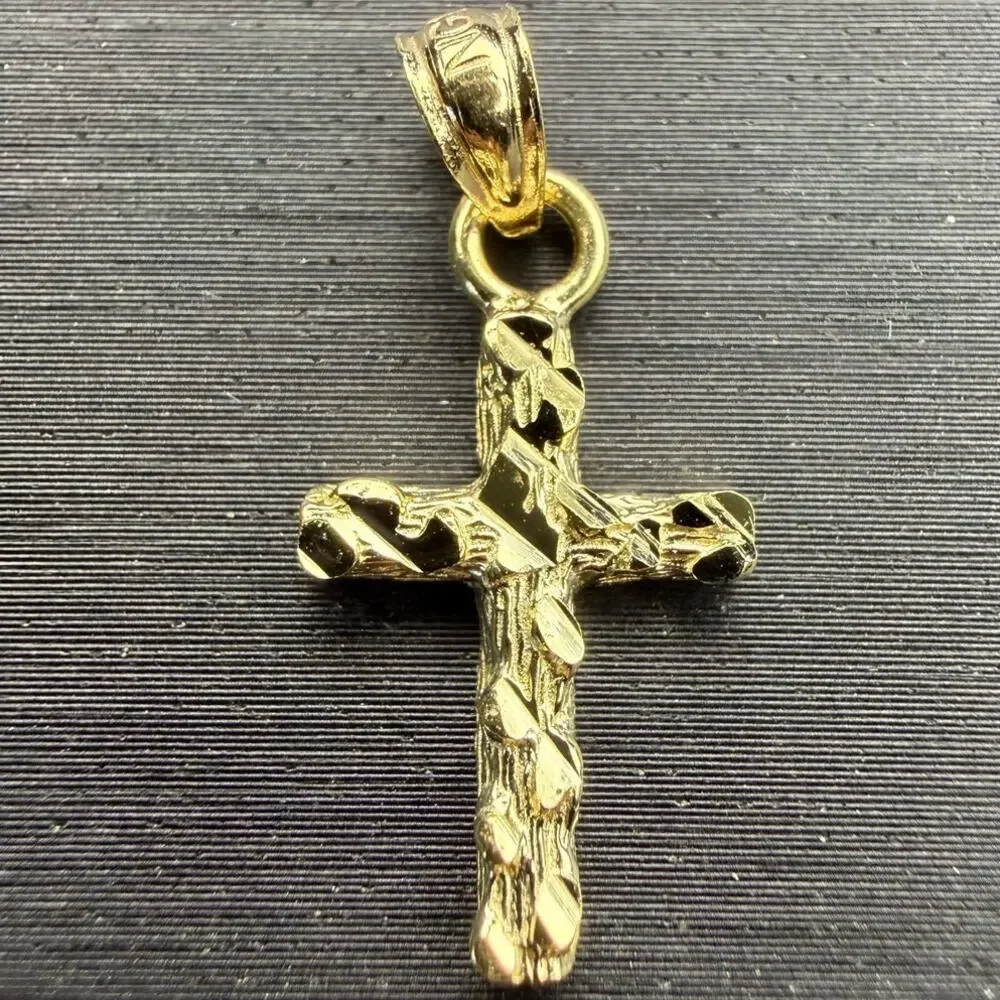 Solid 10k Italian Yellow Gold Nugget Cross Pendant .8