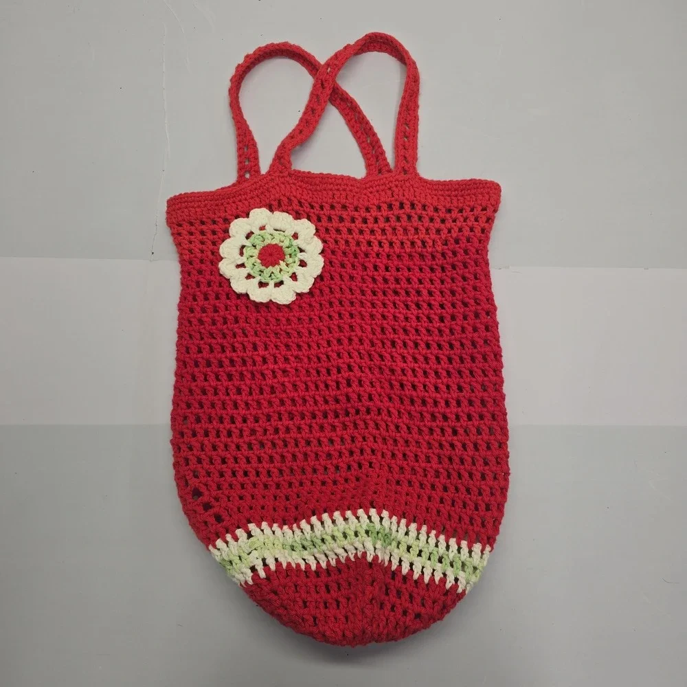 Handmade Crochet‎ Market Tote Bag Red Green White Flower Fruit Aesthetic Boho