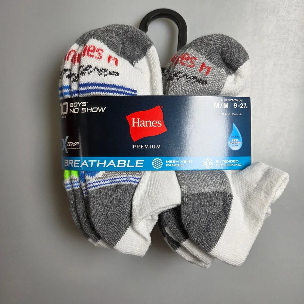 Hanes Premium Boys No Show‎ Socks 10 Pair Pack X-Temp Breathable Size M 9-2.5