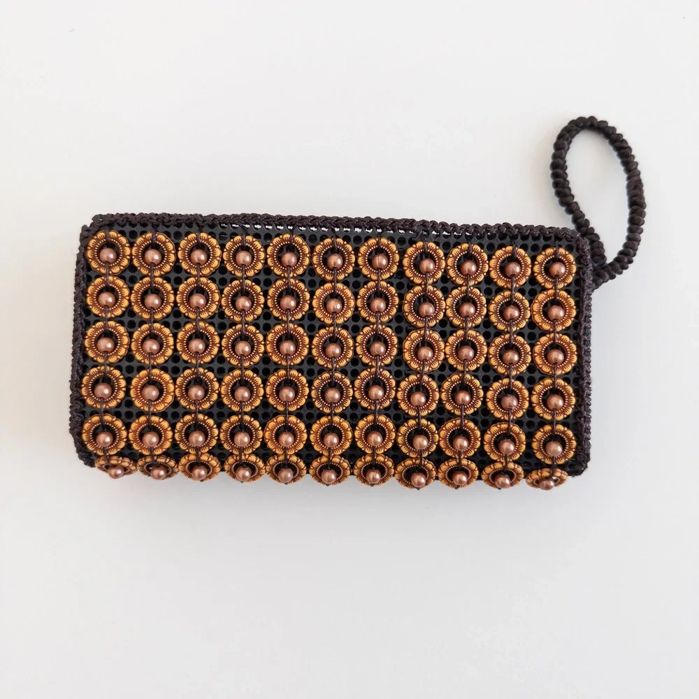 Vintage Beaded Wristlet Clutch Brown‎ Mini Pouch Bag Boho Cottage Handmade Artsy