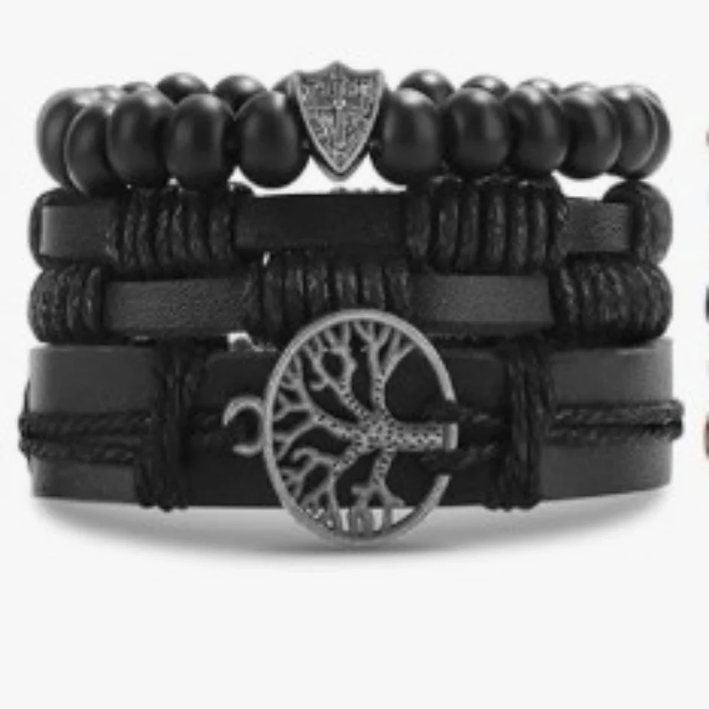 Men's Leather Bracelets Set‎ 3pc Cross Layered Beaded Black New F64