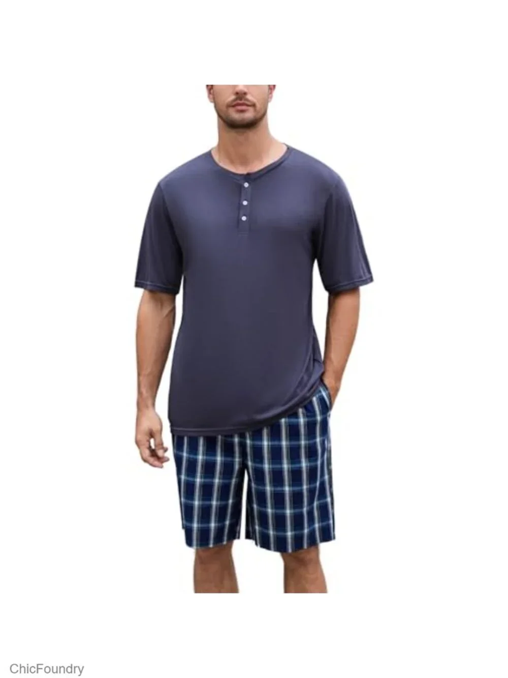 Men's Bamboo Viscose Cotton Pajama Set Short Sleeve Henley Lounge Sleepwear
