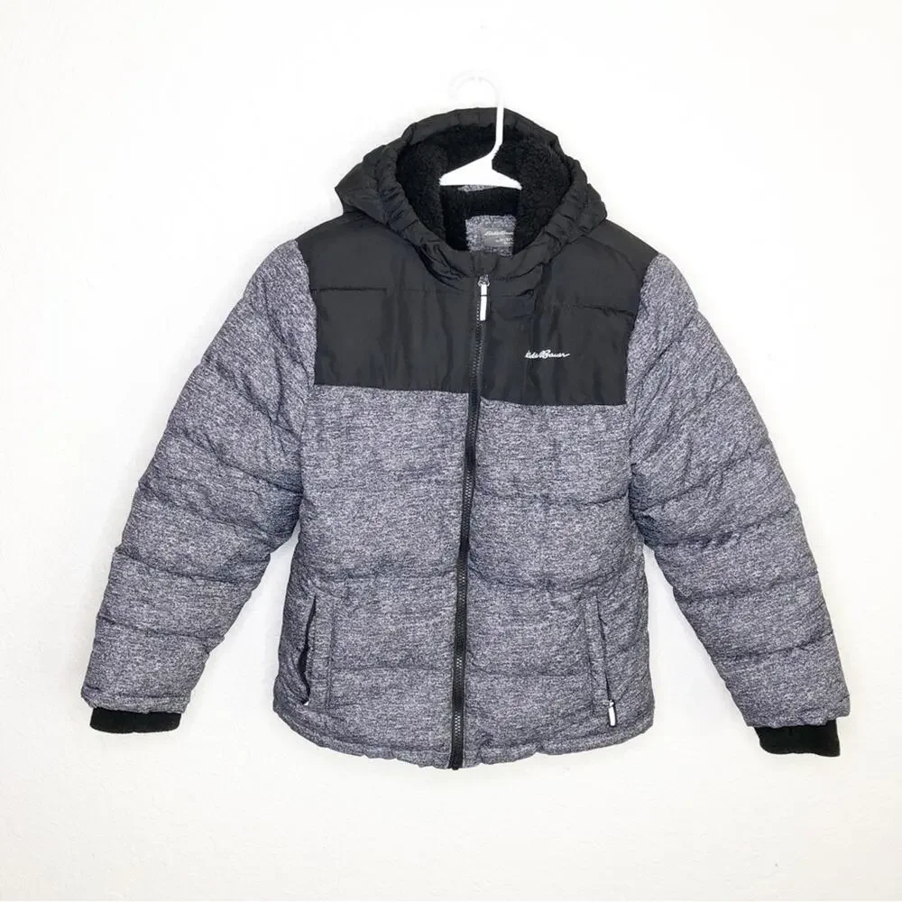 Eddie Bauer boys gray black puffer hooded coat size Medium 10 - 12