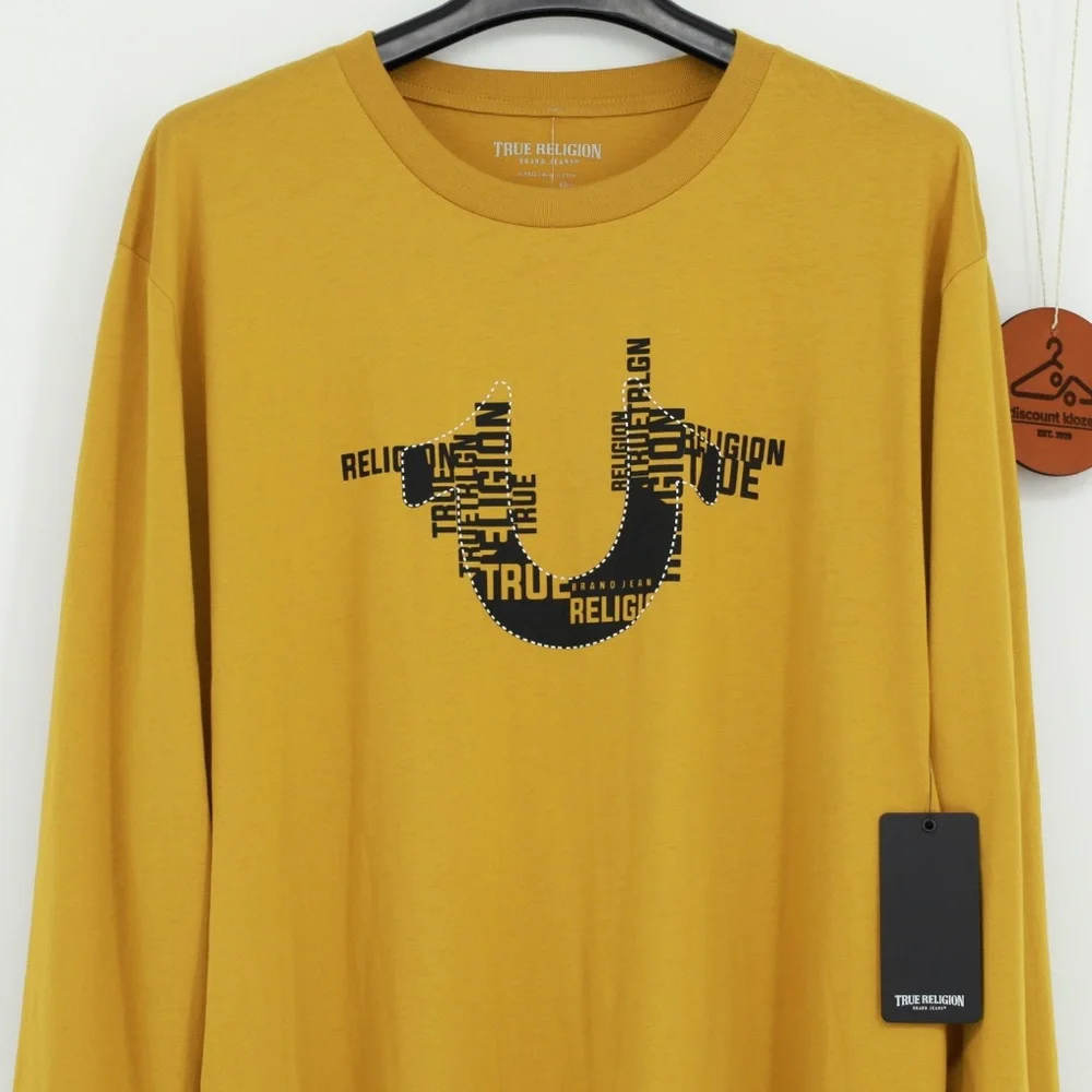 True‎ Religion Mens Gold HS Stacked Logo Long Sleeve Crew Neck Shirt Size XL