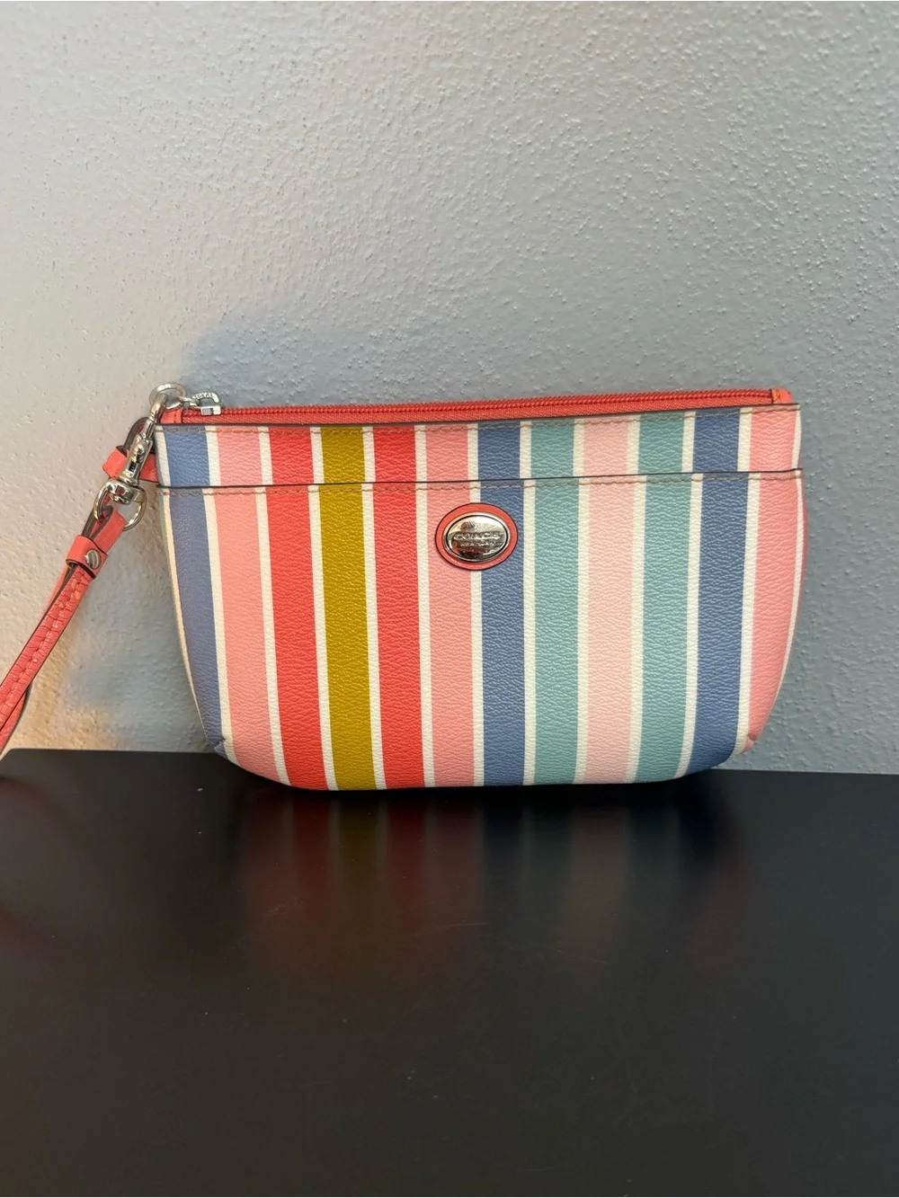 Coach Multicolor Vertical Stripe Wristlet in Coral, Pink, Blue & Yellow