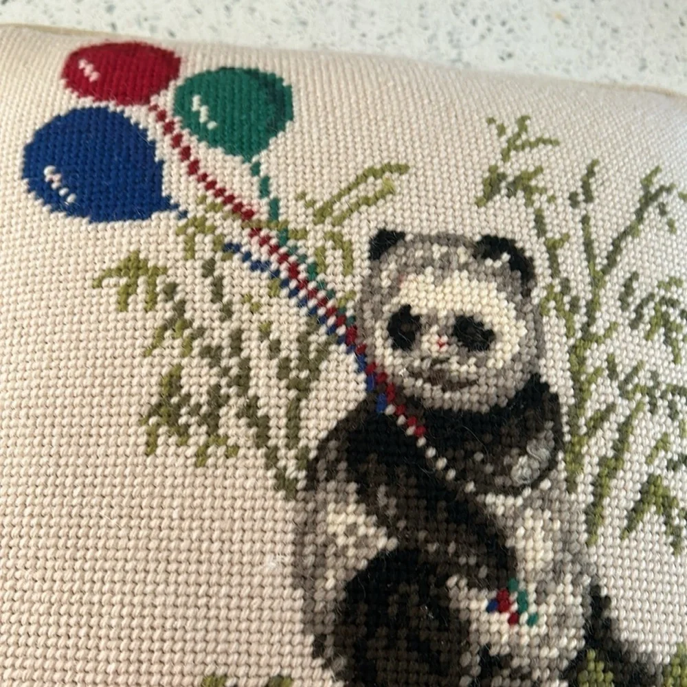 Needlepoint Wool Pillow with Panda Holding Balloons with Velvety Back 11