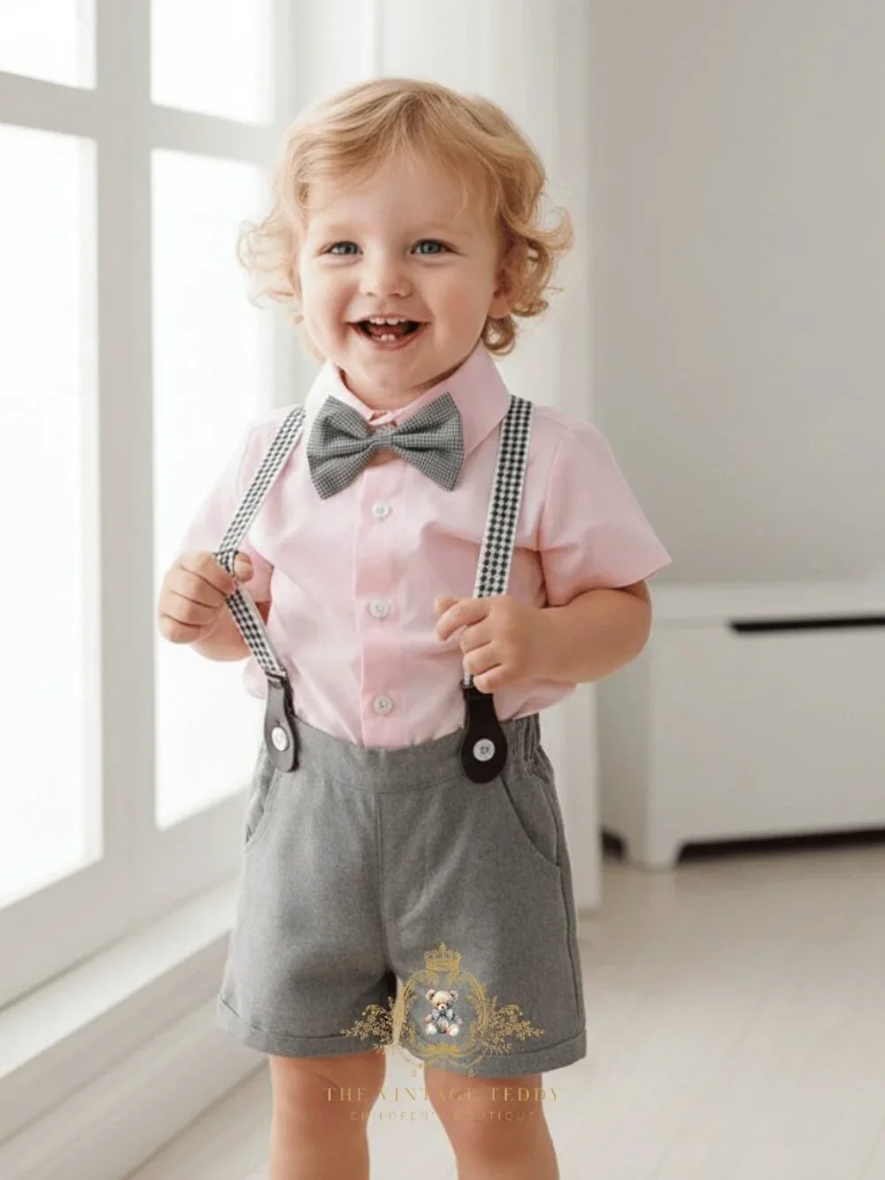 NWT Handsome Boys Oxford Button Down Shirt Shorts & Bow Tie Matching Set 6-9M
