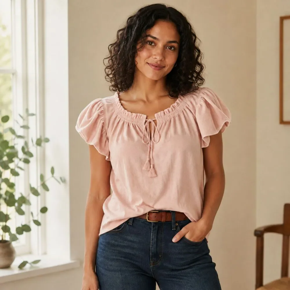 Free People Terese Blush Pink Velvet Puff Sleeve Top Size XS NWT