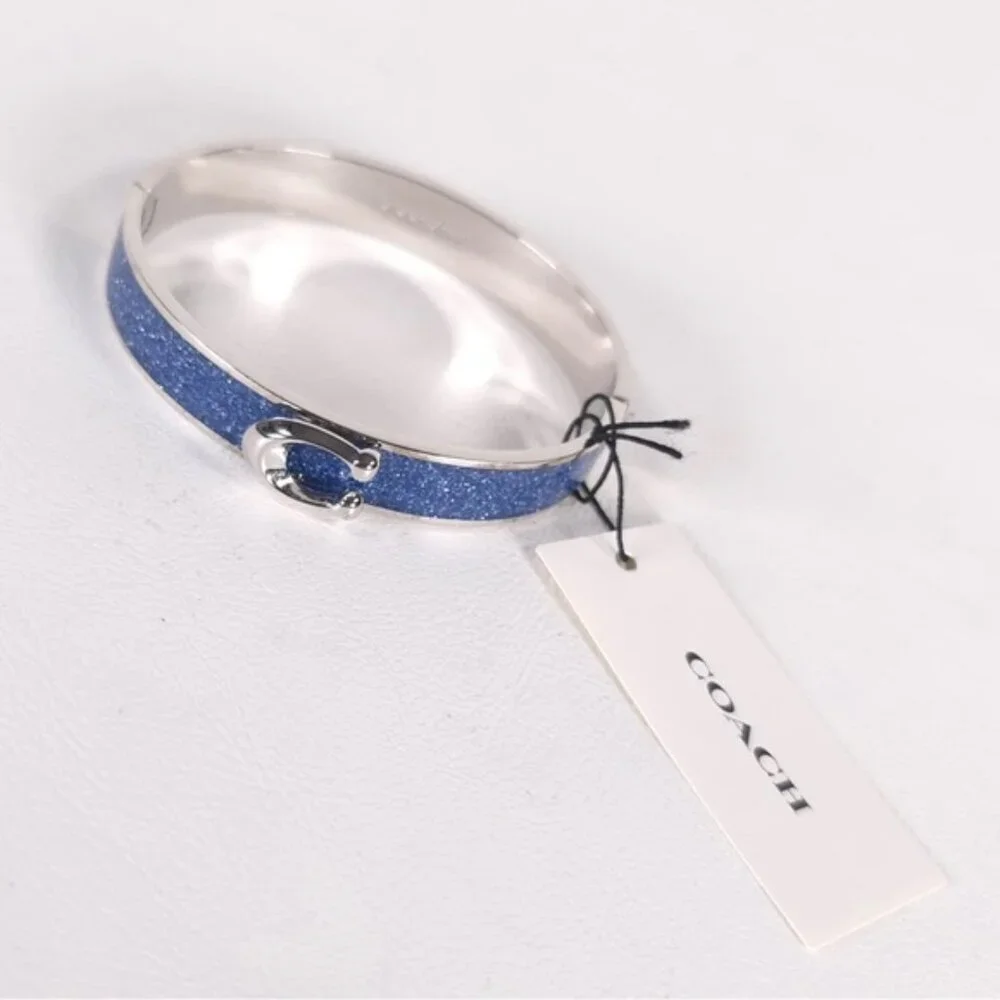 NWT COACH Signature C Logo Hinged Bangle Bracelet Sparkly Blue Enamel & Silver‎