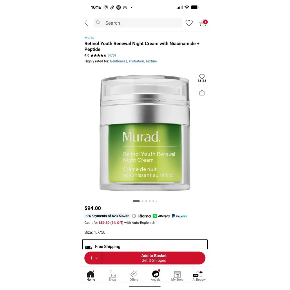 NEW Murad Retinol Youth Renewal Night Cream Niacinamide Peptide 1.7oz no box