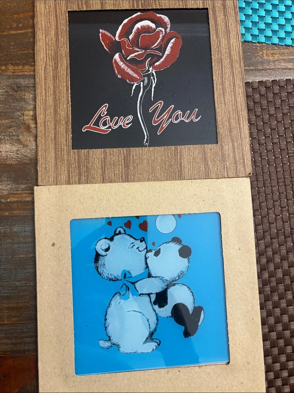 Love You Framed Wall Art - Red Rose and Blue Bear Design set